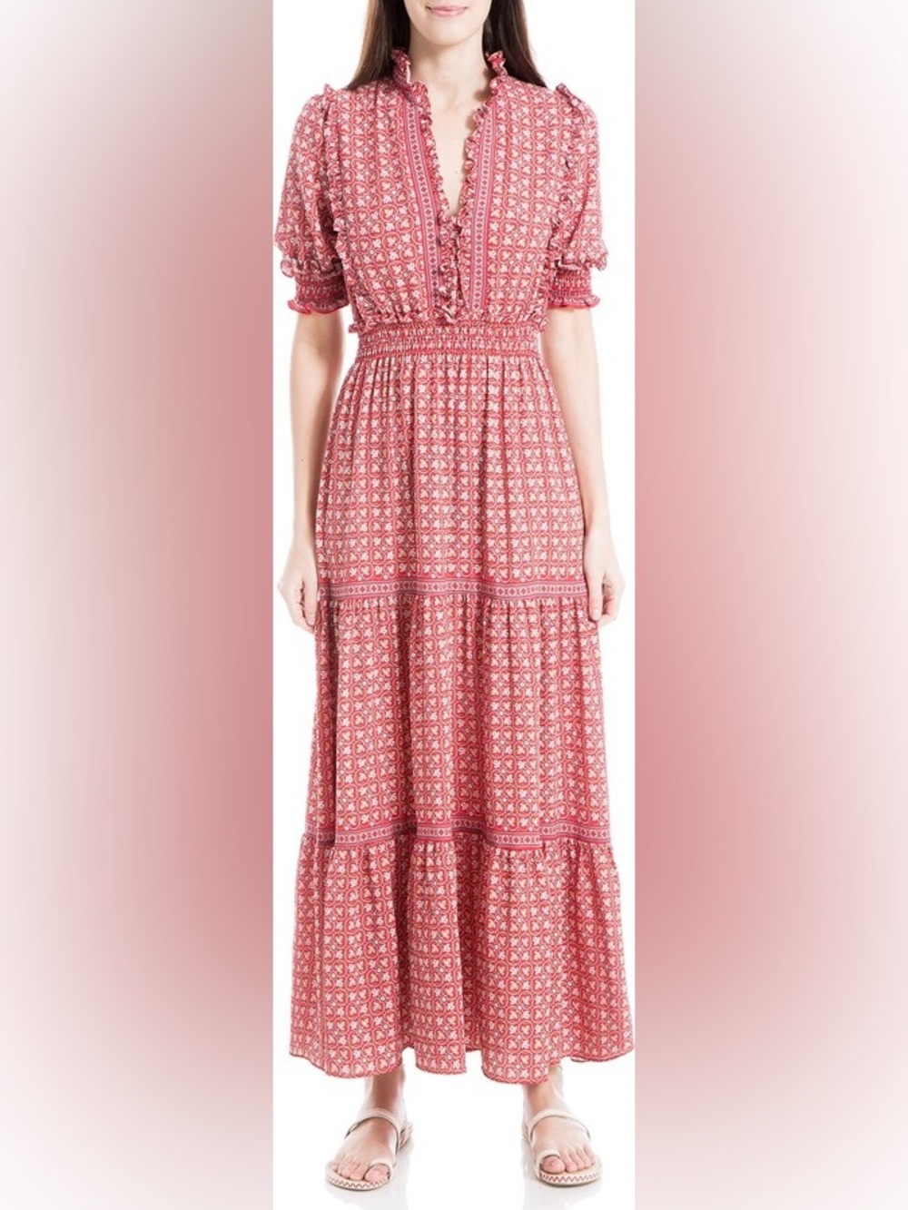Max Studio smocked waist ruffle sleeves boho maxi dress